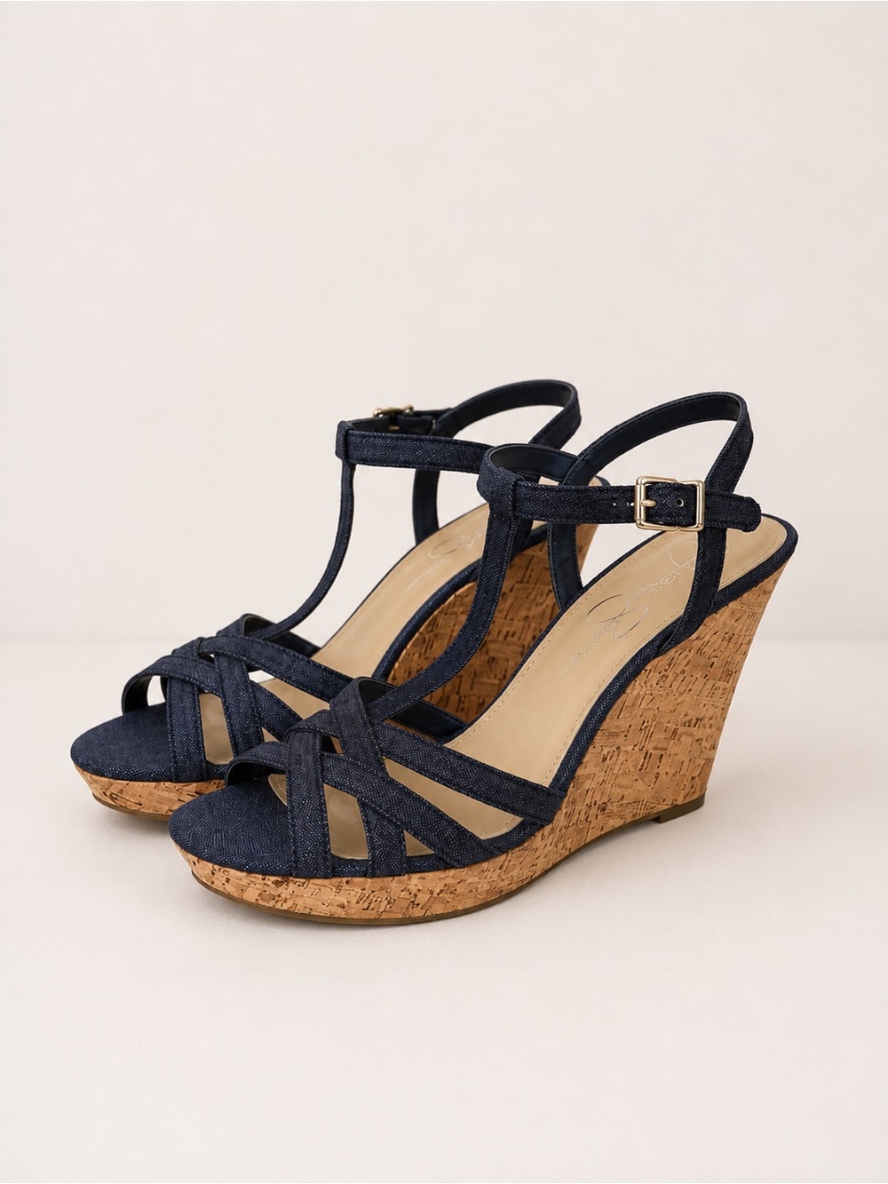 Jessica Simpson Sandwash Blue Denim Cork
Wedge Platform Heels Open Toe T-Strap